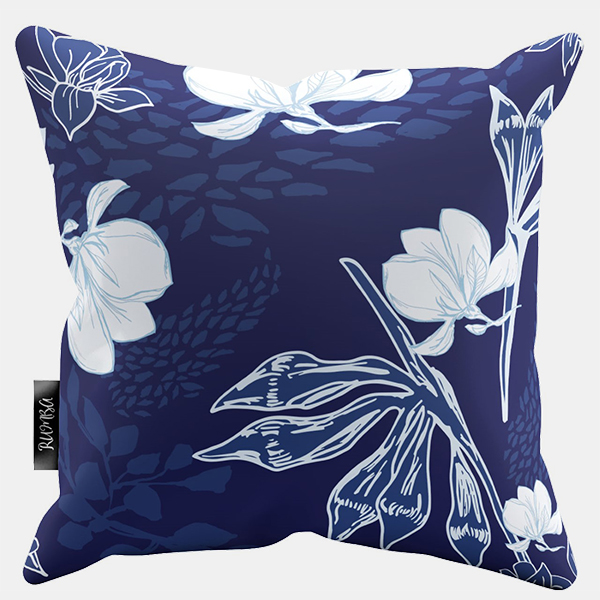 Digital Fabrics_The Designer Project_Michaela Burgess_Indigo Magnolia_Cushion Cover Mockup Custom printed and made cushions